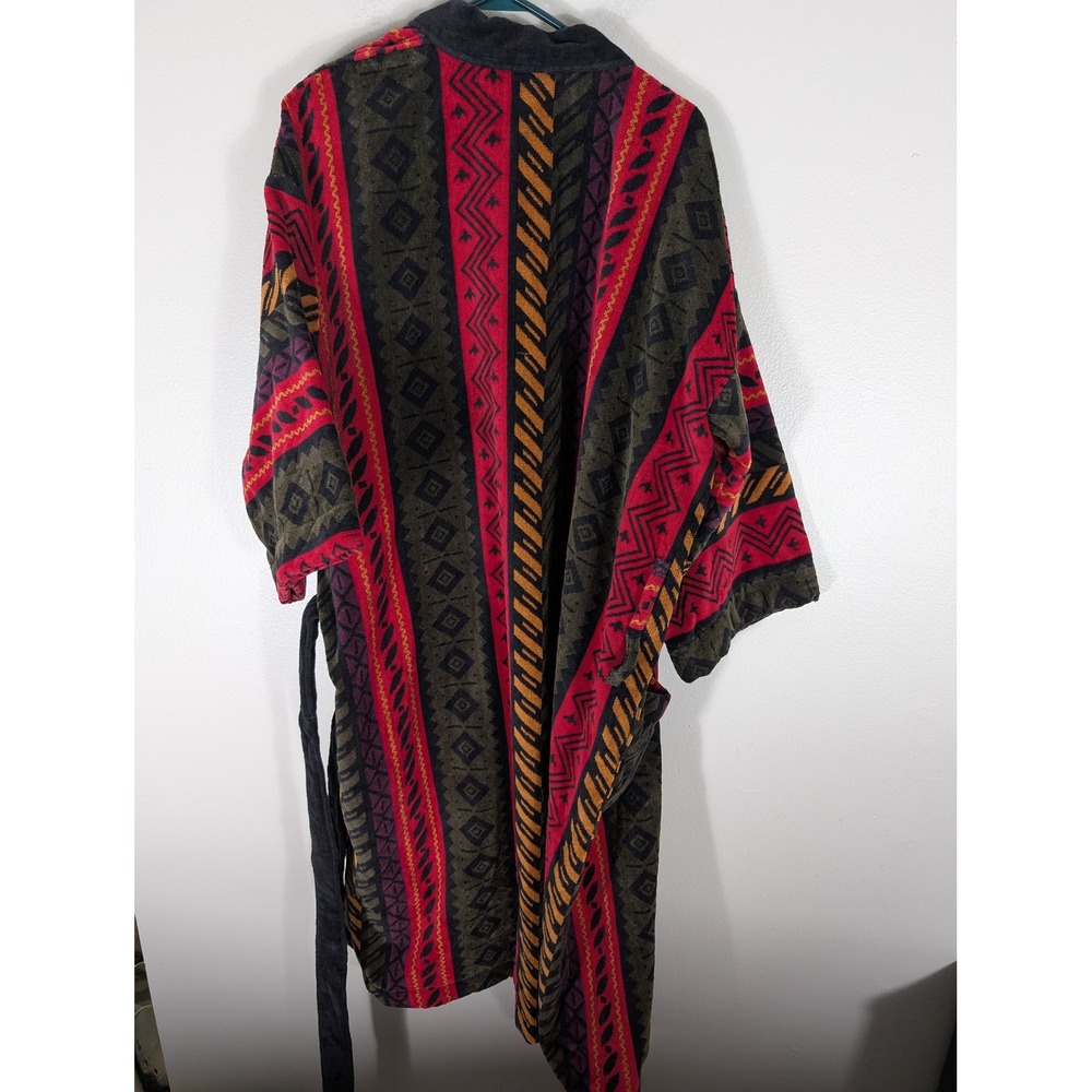Bill Blass Menswear One Size Robe New Cotton Terry Southwestern Geometric Red - Picture 9 of 11